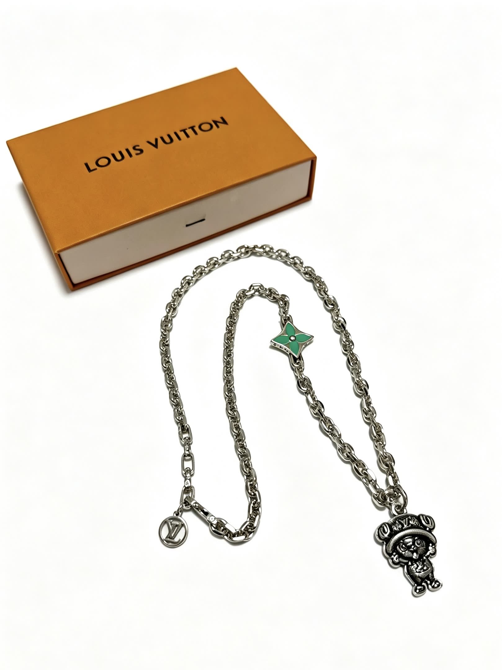 Louis Vuitton Silver Tone Necklace with Green Enamel and Monogram Bear Charm